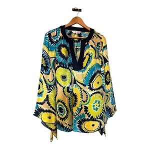 Trina Turk M Bell Sleeve Split Neck Popover 100% Silk Blue Tie Dye Maximalist